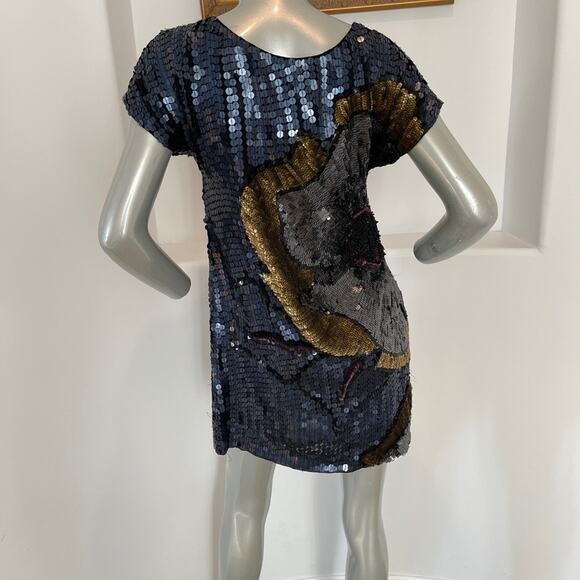 French Connection Navy Blue Gold Sequin Shift Mini Dress Cocktail Party Size 2 - Picture 4 of 15